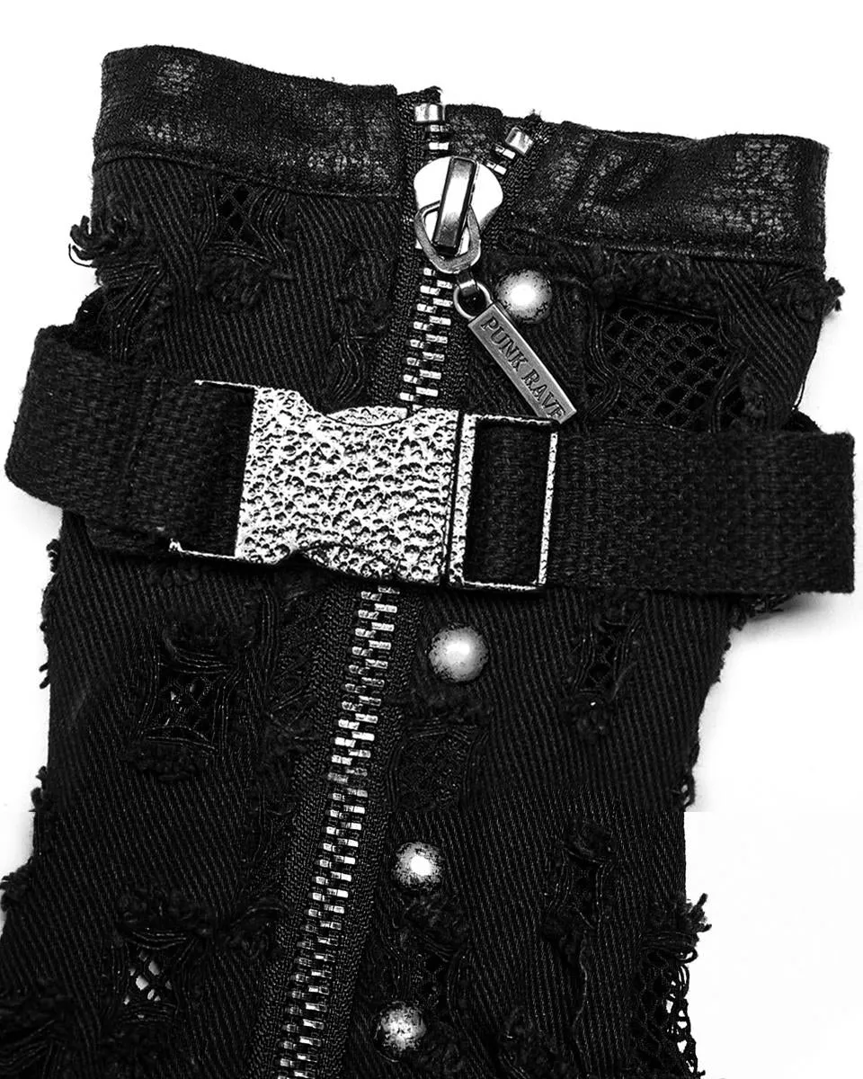 WS-521 Mens Apocalyptic Punk Shredded Denim & Mesh Studded Fingerless Gloves