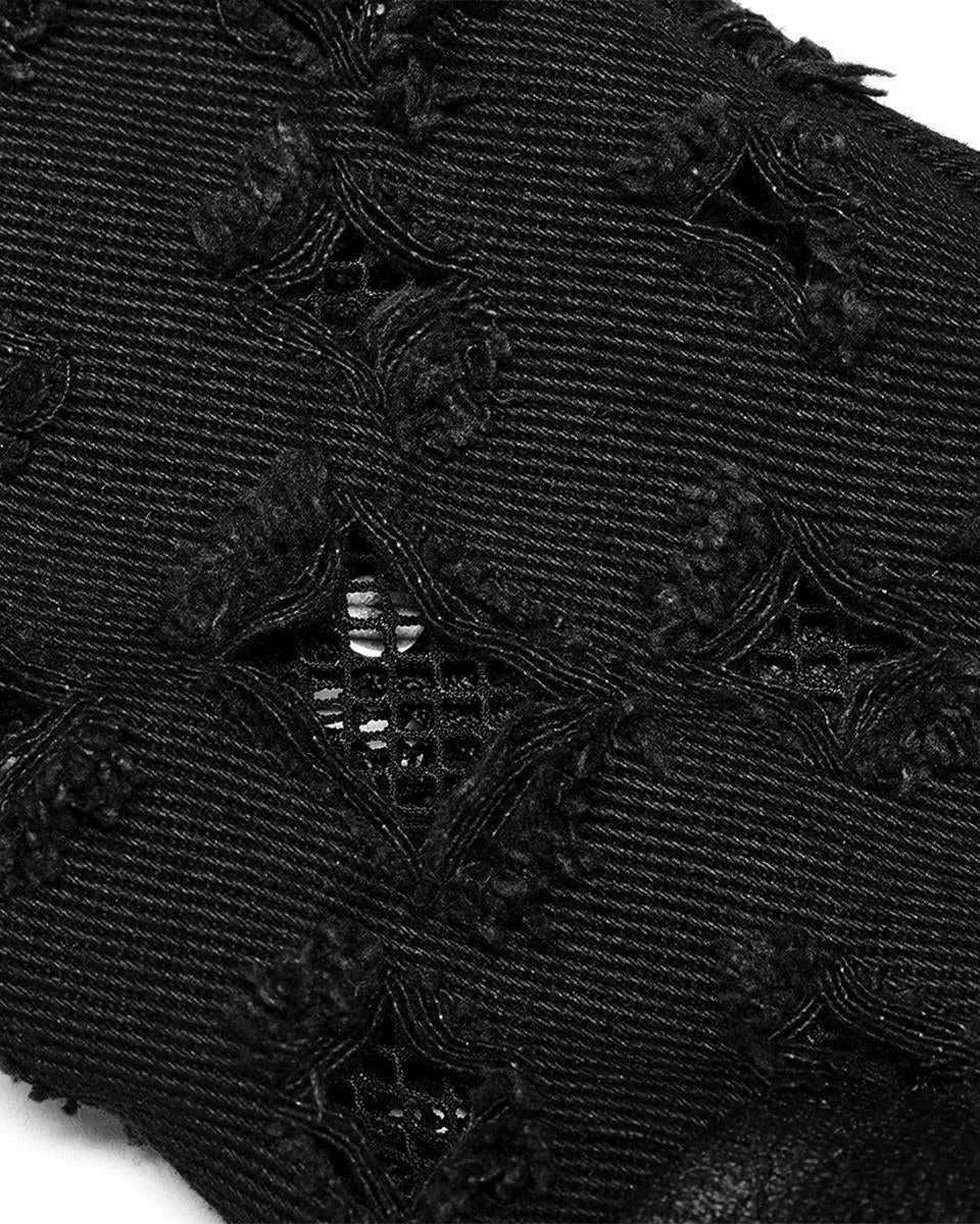 WS-521 Mens Apocalyptic Punk Shredded Denim & Mesh Studded Fingerless Gloves