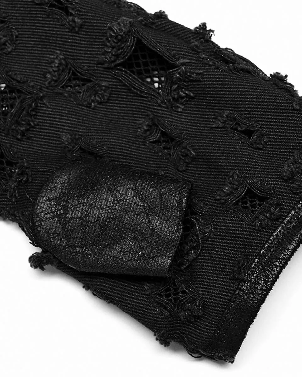 WS-521 Mens Apocalyptic Punk Shredded Denim & Mesh Studded Fingerless Gloves