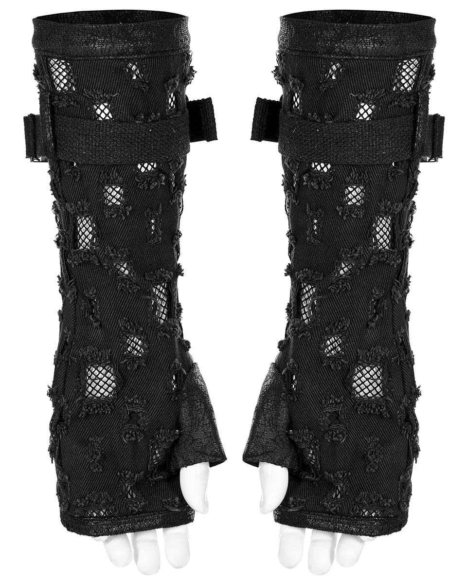 WS-521 Mens Apocalyptic Punk Shredded Denim & Mesh Studded Fingerless Gloves